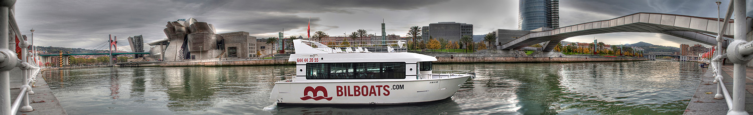 La imagen muestra una toma panorámica de un río o ría en una ciudad bajo un cielo nublado, con un barco turístico blanco y rojo de 