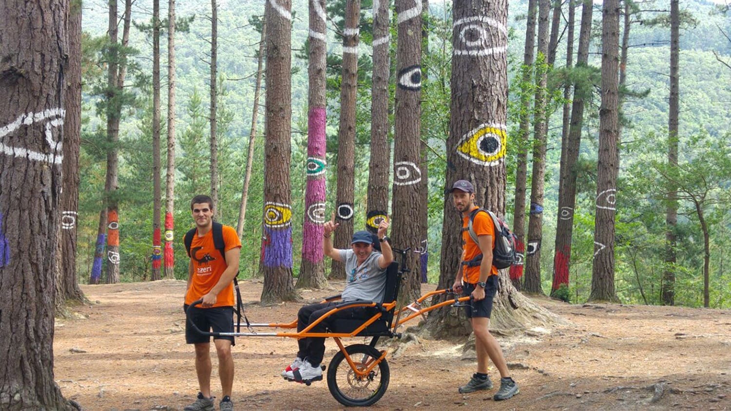En la imagen se observa un grupo de tres personas en un entorno natural boscoso, realizando una actividad de senderismo adaptado. Dos personas ...